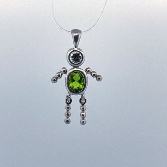 Estate Sterling Silver 925 Robot Pendant Peridot & Clear Gemstone No Chain (BOY) - Picture 1 of 8